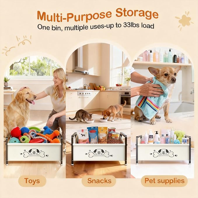 Dog Toy Box for Storage, Metal Frame Oxford Fabric Pet Toy Organizer with Raised Legs, Large Capacity Dog Toy Basket with Front Low Opening, Washable and Durable Design