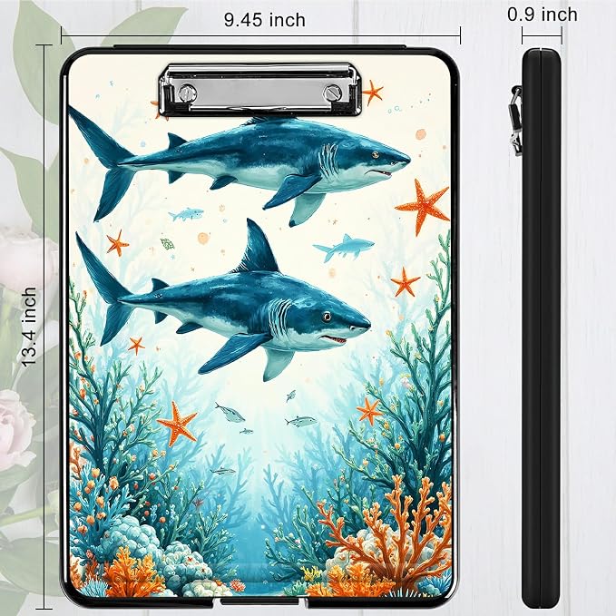 Heavy Duty Storage Clipboard, Slim Nursing Clipboard with Internal Pen Case, Portable File Organizer Case for A4 Letter Size Paper Office Medical Professionals, Tuna Under the Sea