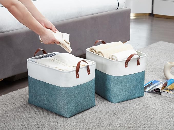 DECOMOMO Fabric Storage Bins, Extra Large Storage Baskets with Handles | 3 Pack Storage Baskets for Shelves, Laundry, Toys, Nursery (Green & White)