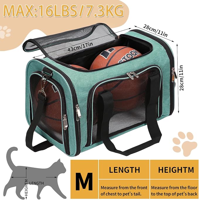 Soft-Sided Cat/Dog/Pet Carrier, Collapsible Pets Travel Carriers | for Big Cats/Small Dogs with Shoulder Strap & Removable Mat, Mesh Puppy Carry Bag,Up to 16 Lbs,TSA Airline Approved-Turquoise