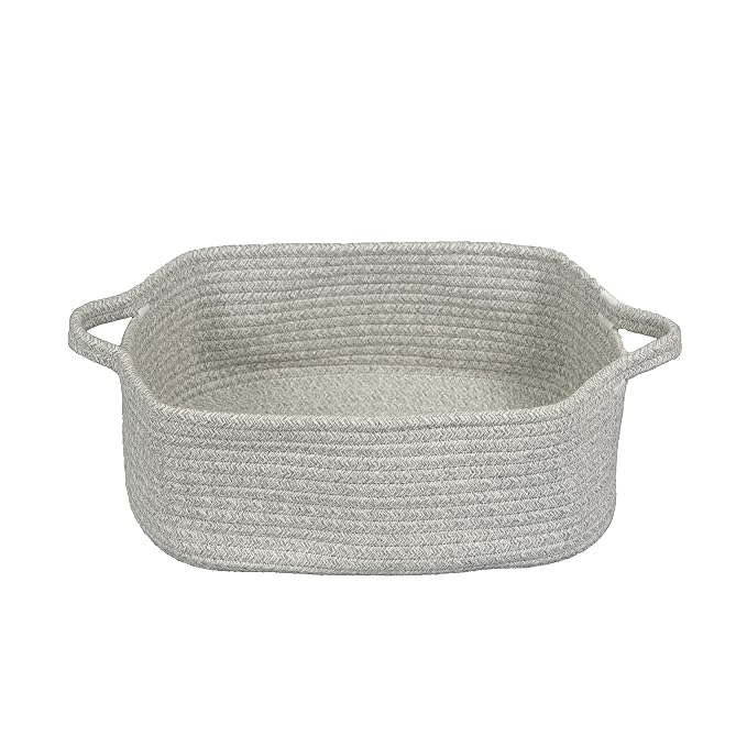 XUANGUO Medium Woven Cotton Rope Storage Basket with Handles, Light Grey | Small decorative rectangle storage bin for baby nursery items and cat toys; ideal as an empty gift basket or dog toy basket