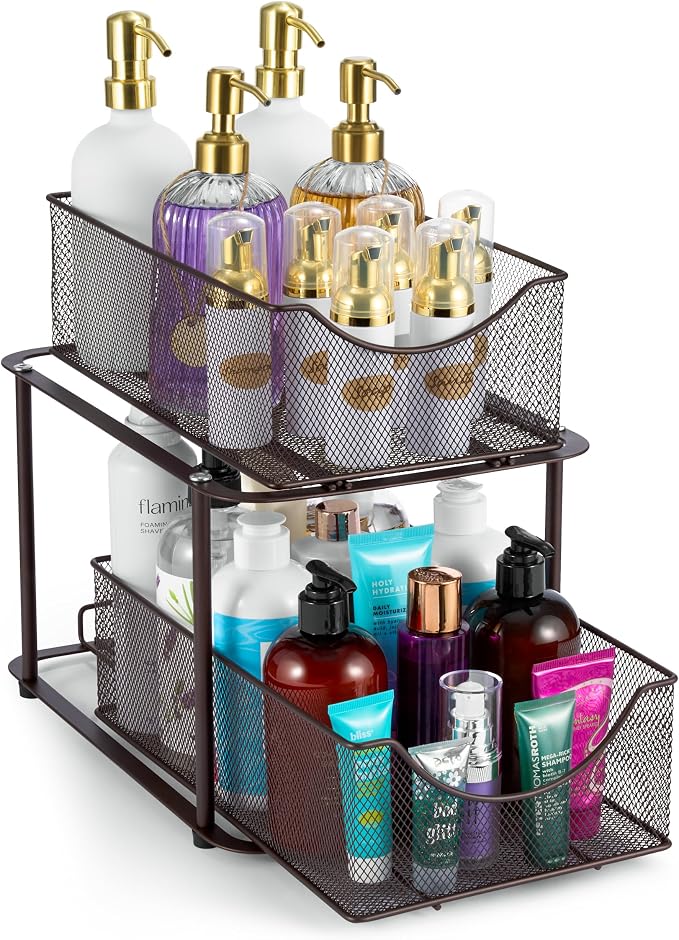 Sorbus Pull-Out Under Sink Organizer, Mesh Construction (Bronze, 1 Pack) | Two-tier metal organization with strong steel and sliding drawers for bathrooms, kitchens, cabinets, closets and pantries.