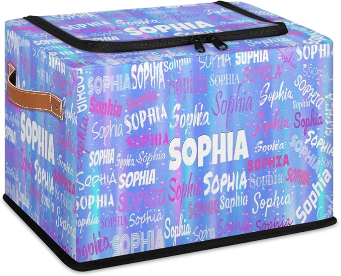 Personalized Name Storage Basket with Zipper Lid, Canvas Storage Bins Toys Clothes Organizer for Bedroom, Kitchen, Bathroom, Nursery, Shelves, Closets, Gradient Light Blue Stripes with Stars