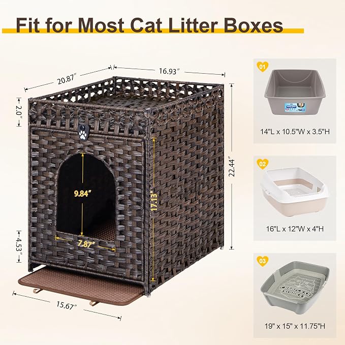 Snughome Cat Litter Box Enclosure Furniture Hidden with Litter Mat, Hidden Cat Washroom Furniture with Door, Handwoven Rattan Cat Washroom Box, Indoor Pet House for Living Room, Bedroom (Brown)
