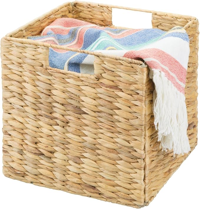 mDesign Natural Woven Hyacinth Cube Organizer Basket with Handles, Storage for Bathroom, Laundry Room Shelf or Nursery - Perfect for Cubby Storage Units - Hold Blankets and Books - 4 Pack, Natural/Tan