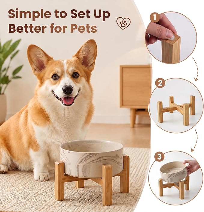 hjn Elevated Ceramic Dog Bowl with Bamboo Stand, Raised Pet Feeding Station for Small Medium Dogs Cats, Modern Design with Anti-Slip Base (Marble Brown, 3.6Cup)