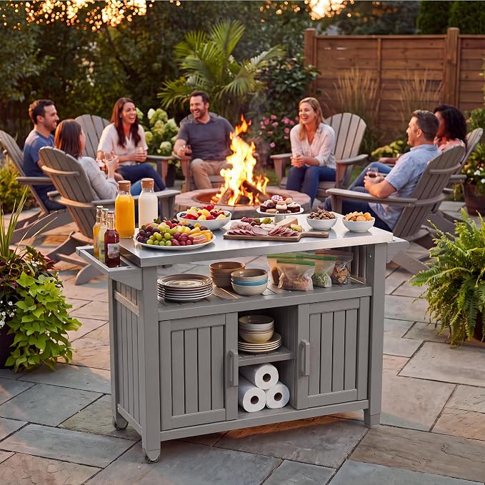 Bifanuo Outdoor Grill Table Grill Cart with Stainless Steel Top & Storage Cabinet for Food Prep and Storage, Portable and Durable with Wheels (Grey)