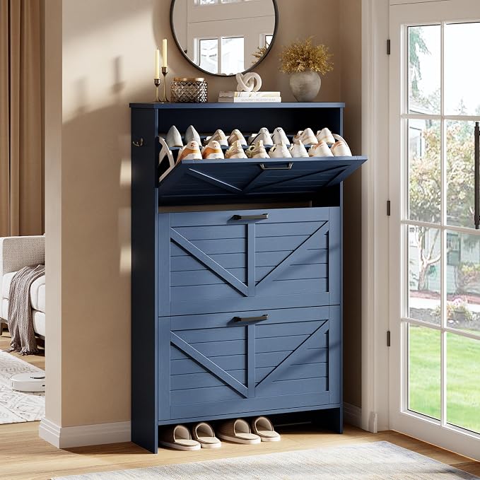 Shoe Cabinet for Entryway, 3 Flip Drawers Shoe Storage Cabinet with 3-Tier Adjustable Shelves, Ultra Slim Freestanding Hidden Shoe Organizer with Barn Door Design, Navy Blue