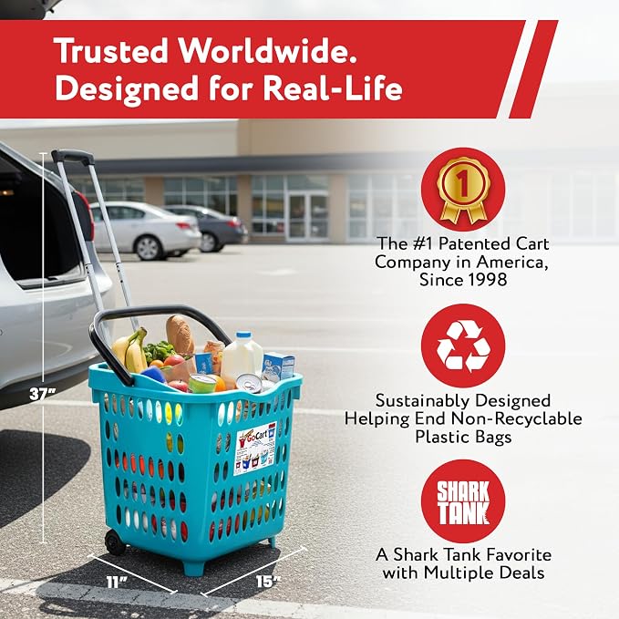 dbest products Bigger GoCart Grocery Cart Rolling Shopping Laundry Basket on Wheels Hamper with Telescopic Handle Cleaning Caddy Trolley, Teal, Bigger 1 pack