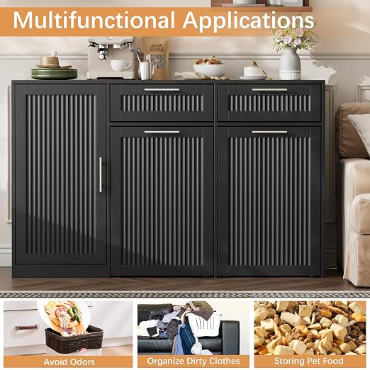 2 X 13 Gallons Double Pull Out Trash Can Cabinet with Storage, Black | 54"W Fluted Kitchen Trash Cabinet with Adjustable Shelf & Drawers, Hidden Pet Proof Trash Can Holder for Laundry Living Room