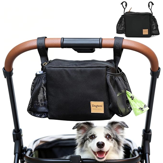 Dog Stroller Caddy Organizer Bag, Pet Stroller Caddy Handle Bag with Poop Bag Dispenser, Treat Pocket, Water Bowl, Large Non Slip Zipper Stroller Pouch for Dog Mom Walk,Travel,Indoor,Outdoor (Black)