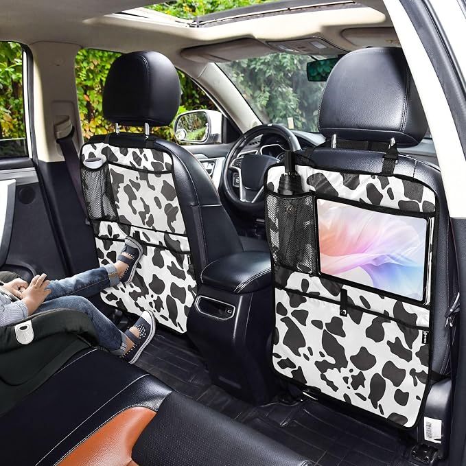 JIPONI Car Backseat Organizer, Cow Print 3 Automotive Back Seat Protector, Kick Mats with Storage Pockets for Kids Pets, Road Trip Accessories (2 Pack) | Automotive Back Seat Protector, Kick Mats with Storage Pockets, For Kids Pets, Road Trip Accessories