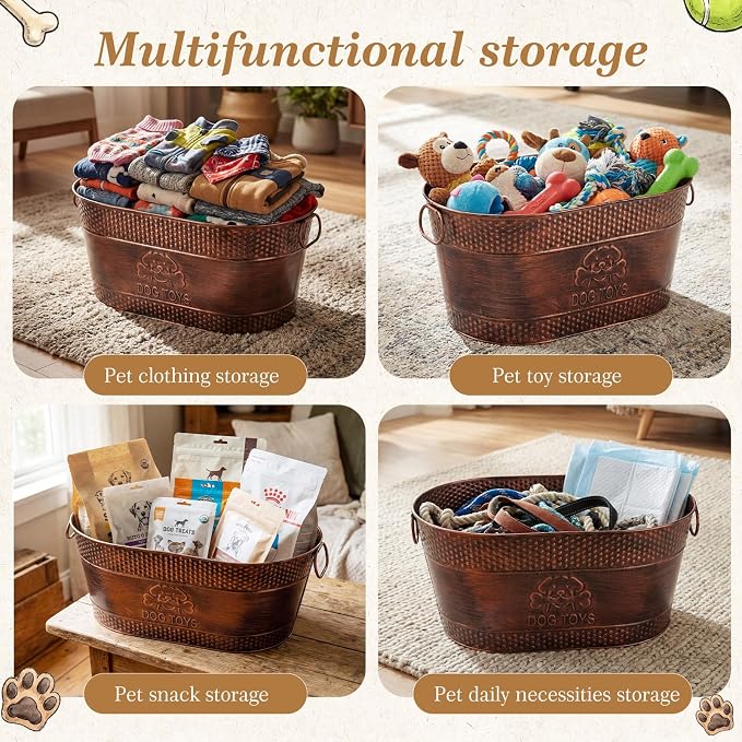 Zonon Metal Dog Toy Storage Bin with Handles 21 Quart Vintage Decorative Basket for Dog Ropes Food Living Room Decor, Galvanized Steel Pet Toy Organizer, 18x11.5x7.5 Inch(Chewing Stick)