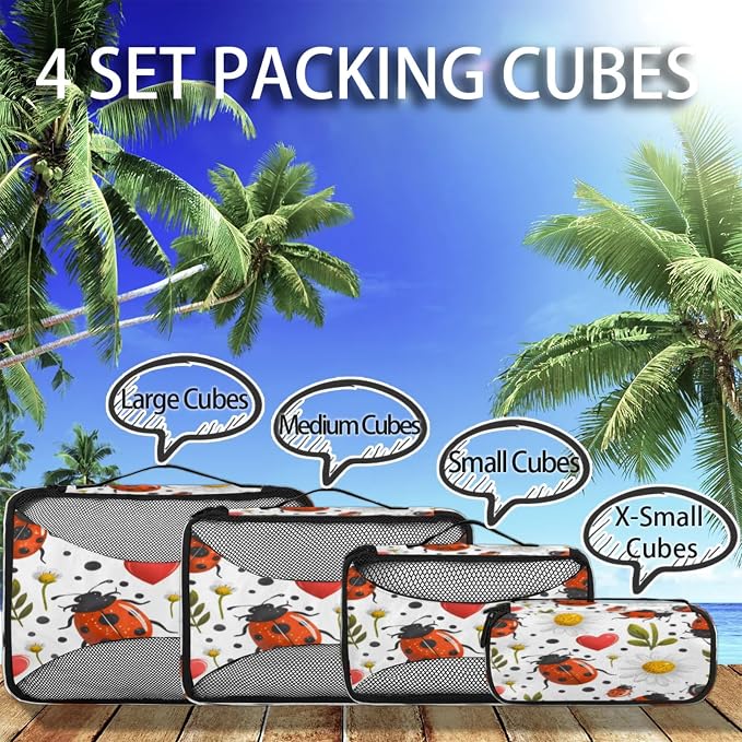 Packing Cubes for Travel, Cute Ladybugs Travel Luggage Packing Organizers for Women Men, Large Custom Toiletries Bag for Cosmetics Toiletries, Daisy Floral