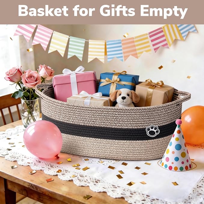 30L Large Woven Rope Dog Toy Basket with Paw Print, Brown Mix | 19.7" x 11" x 7.9" Dog Toy Bin & Box with Handles, Storage Basket for Blankets Towels, Fits Living Room Nursery Bedroom