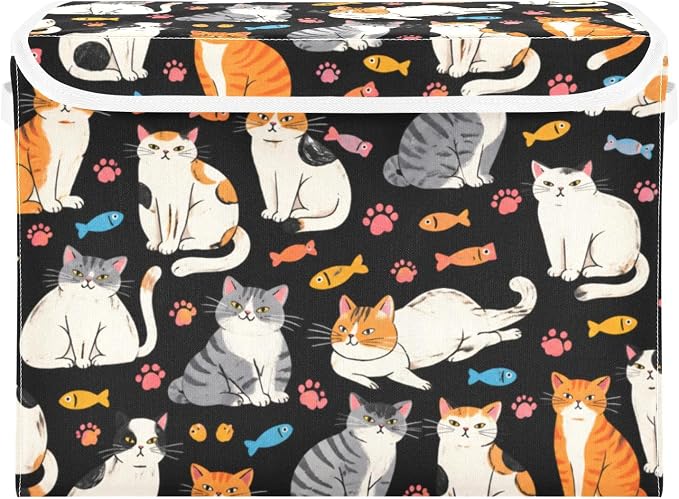 Cat Fish Fabric Storage Bins with Lid Foldable Storage Boxes 40L Baskets | Foldable & Stackable, Flip Top Dust Guard, Reinforced Handles, Home & Bedroom, Clothes & Toys, Oxford Print Basket