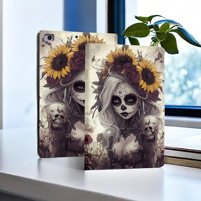 for Microsoft Surface Pro 7 Plus,Surface Pro 7/6/5/4 12.3" Tablet Case,Auto Wake/Sleep,Adjustable Stand Protective Cover - Sugar Skull Sunflower