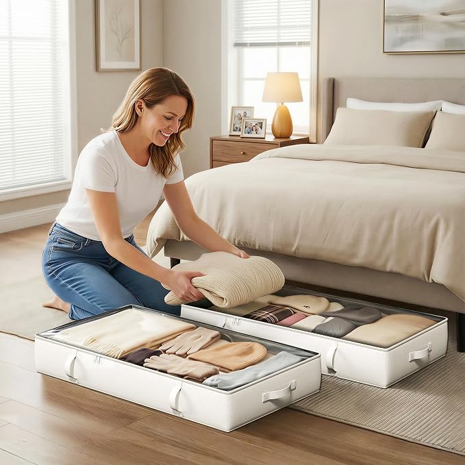 2-Pack Under Bed Storage Containers, 8 Inches Tall Clothes Storage, Beige | Large Capacity Collapsible Underbed Organizer with Sturdy Sidewalls/Bottom, Cotton Linen Bins, For Seasonal Clothes & Bedding