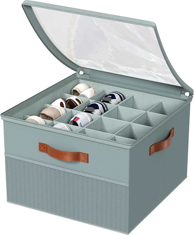 Shoe Organizer for Closet,2 Pack Foldable Shoe Storage Organizer Box Bin with Adjustable Dividers and Clear Cover, Fits up to 16-32 Pairs（Grey）