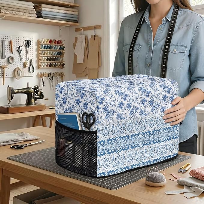 Sewing Machine Cover Polyester Febric Blue Vine Floral Tribal | Dust Pet Hair Protection,Quilting Design,Fits Standard Singer,Brother Janome Machines,Protecting Decorating Your Sewing Space