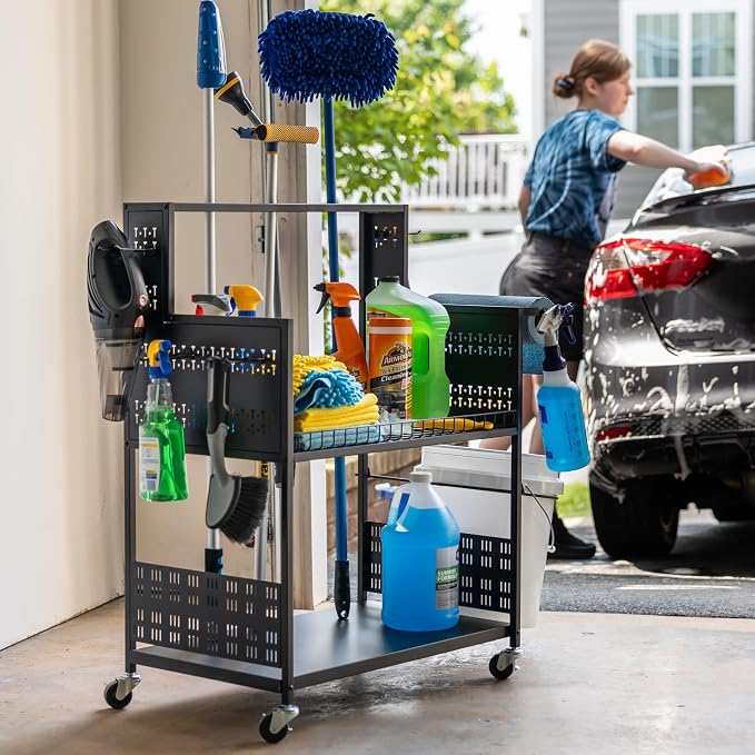 Large Cleaning Caddy with Wheels, 3 Tiered Rolling Cart Auto Detailing Cart, Car Truck SUV Boat RV, Rolling Cleaning Caddy Polisher Holder, 37 in x 17 in x 26 in, Solid Steel Holds 250 lbs