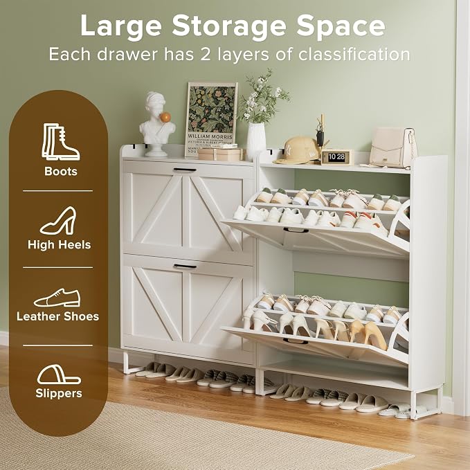 Urban Deco Shoe Storage Cabinet for Entryway, 2 Flip Drawers Shoe Organizer, Elegant 2-Tier Freestanding Shoe Cabinet with Anti-Tipping Design (White)