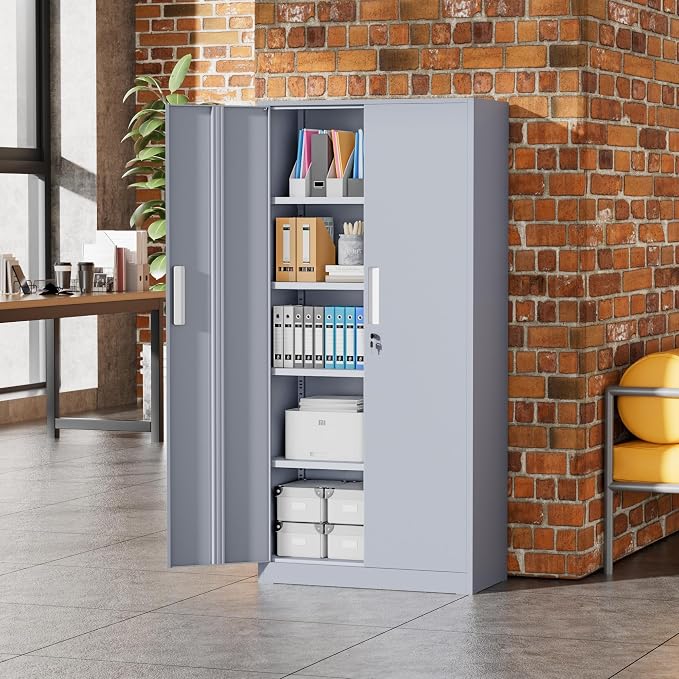 Greenvelly Metal Garage Storage Cabinet, 72” Tall Locking Steel Cabinet with 2 Doors and 4 Adjustable Shelves, Utility Metal Filing Cabinet with Lock for Home, Office, Garage, School (Dark Grey)