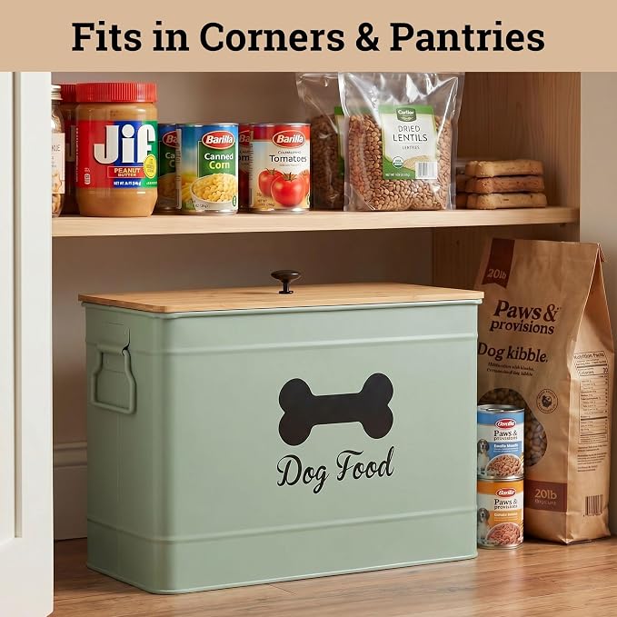 Metal Dog Food Container 15-20 lbs w/ Airtight Bamboo Lid, 70 Cup Capacity | Pet Jar For Dogs up to 100lbs, Airtight Bamboo Lid, Sturdy Comfortable Metal Handle, Powder Coated Iron, Kibble Storage Bin
