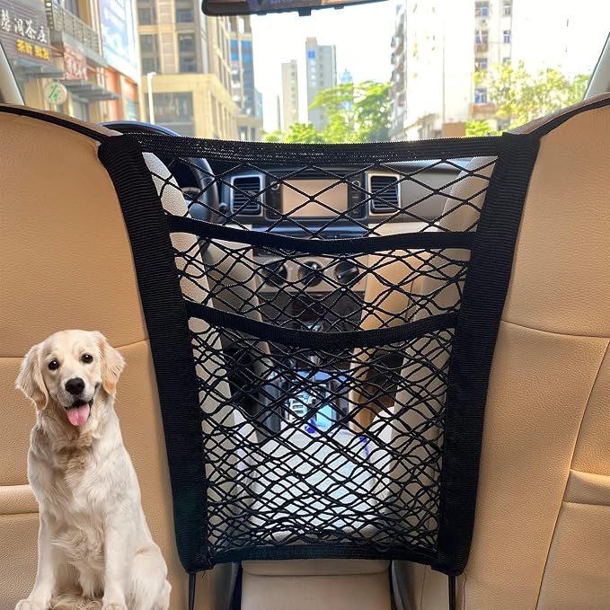 1pcs Seat Mesh Organizer for Ford F-250/F-350 2017-2024 2025, Pet Dog Barrier Pouch | Organize your cabin space and block pets from accessing the front console with this three layer stretchable mesh barrier