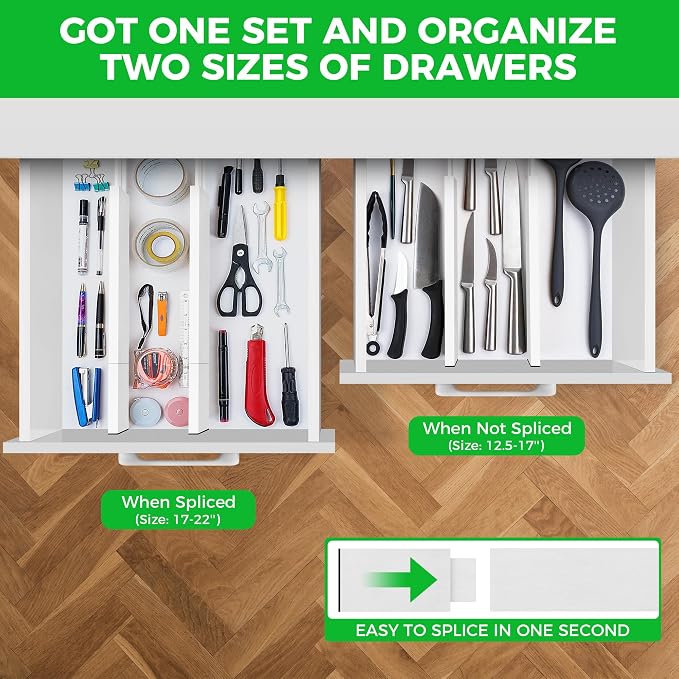 4 Pack Bamboo Drawer Dividers Organizer with Inserts 2.6'' High | Expandable from 12.5-21.7", Adjustable Drawer Organizer Separators for Utensils, Clothing, Office, Dresser, Bedroom, (White)