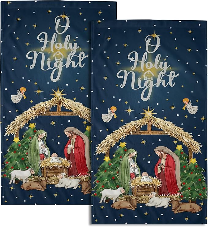Giwawa Xmas Decorative Towel Set of 2, Blue Holy Night Soft Hand Towels, Winter Holiday Nativity Fast Dry Microfiber Face Towel Washcloth for Bathroom Guest Gym Spa Hotel