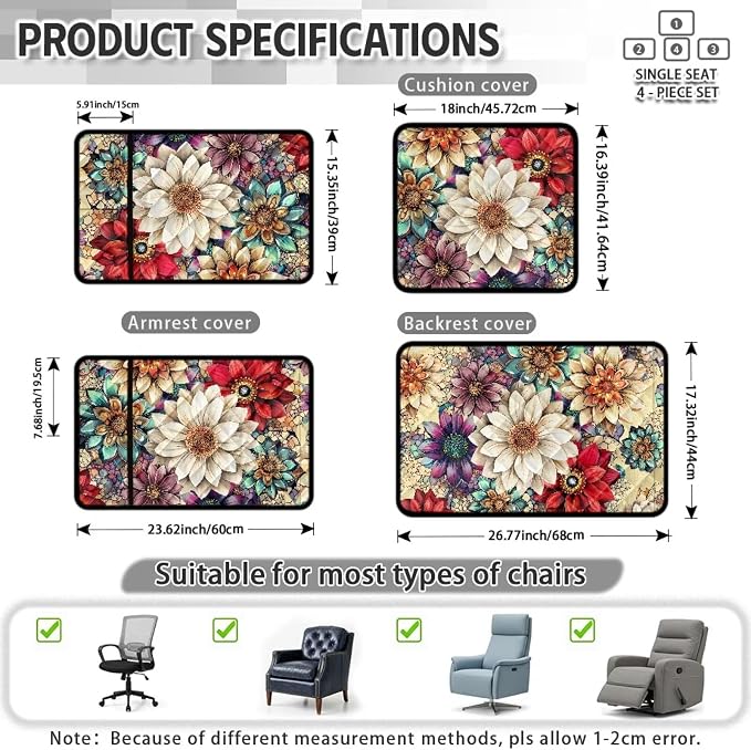 Boho Flower Recliner Chair Covers 4 Piece Non Slip | Quilted Recliner Covers Waterproof Lazy Boy Chair Covers with Arms Pet Friendly Washable Recliner Cover for Sofa Armchair