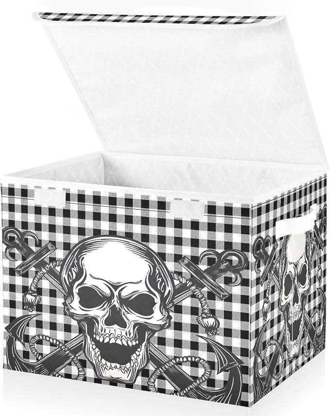 Fabric Storage Bins with Lid Gothic Skull Closet Bedroom 40L Fabric Bin | Decorative Storage Boxes, 300D Oxford Cloth, Hollow Board Frame, Flip Top Velcro Lid, 16.5x12.6x11.8 inch, Collapsible Design