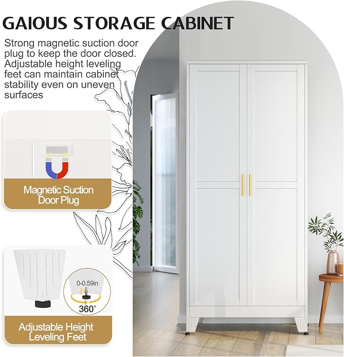 GAIOUS 71" Tall Metal Storage Cabinet with 2 Doors and 4 Adjustable Shelves | Kitchen Pantry Cabinet White Freestanding Cupboard, 5 Tier Multifunctional Steel Storage for Office, Kitchen, Dining Room
