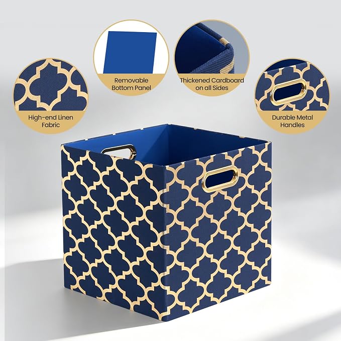 11x11x11 Storage Cube Bins, Collapsible Storage Bins Fabric Storage Cubes | Organizer Baskets Box Drawers for Shelves, Closet, Wardrobe, Bookshelf, Cabinet Blue/Gold Lantern, 4 Pack