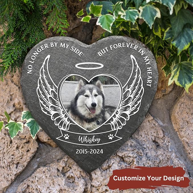 Wrappiness Pet Memorial Stone - No Longer by My Side Forever in My Heart, Personalized Dog Memorial Gifts, Remembrance Condolence Gifts for Loss of Pet Custom Photo (Heart 04, Stone with Stand)