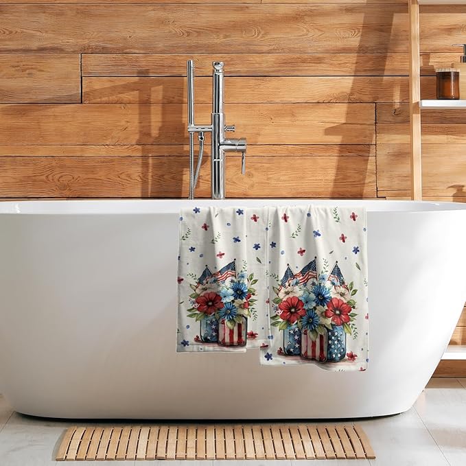 Giwawa American Patriotic Floral Hand Towels for Bathroom Red Flower Vase Decorative Kitchen Towel Memorial Day Soft Fingertip Dish Guest Towels