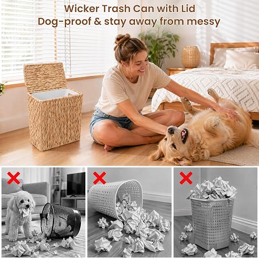 Wicker Trash Can,3 Gallon Bathroom Trash Can with Lid,Handwoven Water Hyacinth Rattan Waste Basket with Removable Liner and Built-in Handles for Bedroom,Toilet,Narrow Spaces