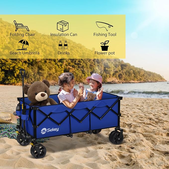 Sekey Extended Collapsible Foldable Wagon with 660lbs Weight Capacity, Heavy Duty Folding Utility Garden Cart with Big All-Terrain Beach Wheels & Drink Holders. Royal Blue