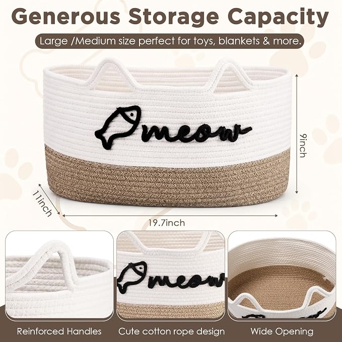 Cat Toy Basket with Cat Ear Handles, 19.5 x 11 x 9 in Woven Cats Toy Bin, Large Two-tone Cotton Rope Storage Box, Meow Words Organizer for Toys, Blankets, Home Decor (White, Linen)