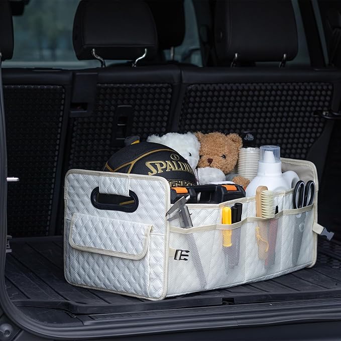 Car Trunk Organizer for SUV, Collapsible Car Storage Organizer Large Beige | Sturdy, Strong Capacity, Diamond Decor, Multi Compartment Container Box Adjustable Car Accessories for Sedan Truck