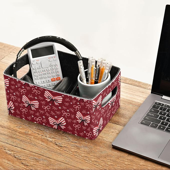 Emelivor Bow Knot Red Storage Basket Bins Set (2pcs) Felt Foldable Storage Bins with Fabric Rectangle Basket for Organizing for Laundry Room Organization
