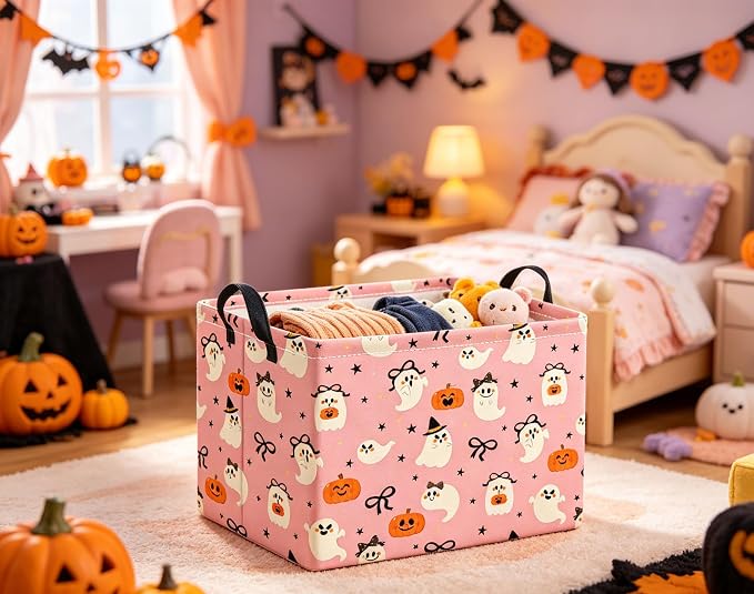 Halloween Basket Cute Baskets for Kids Pumpkin Basket Rectangular Storage Bin Organizer Box Room Decor(Bowknot Ghost)