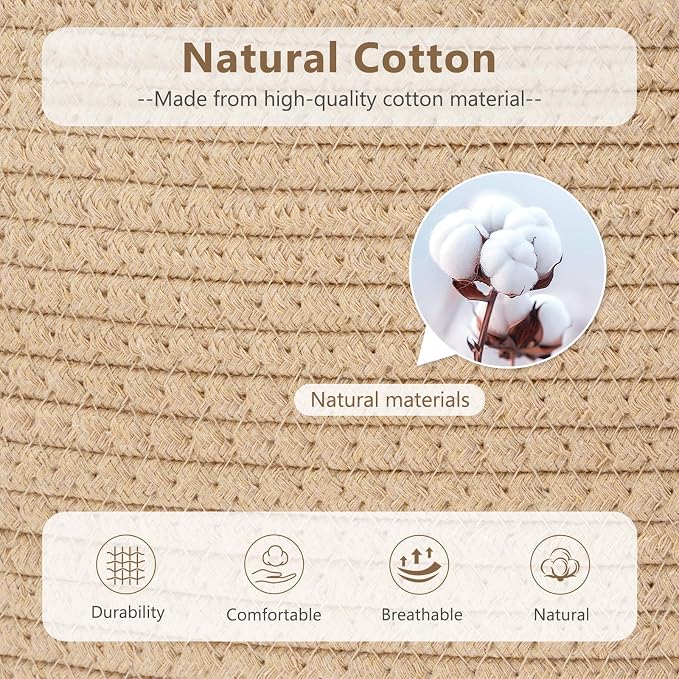 ECDYQXVU 15x10x9 Inch Woven Cotton Rope Storage Basket, 1 Pack | Foldable Design, Built-in Handles, Space-saving Organizer for Living Room, Bedroom, Laundry, Shelves, Clothes, Towels
