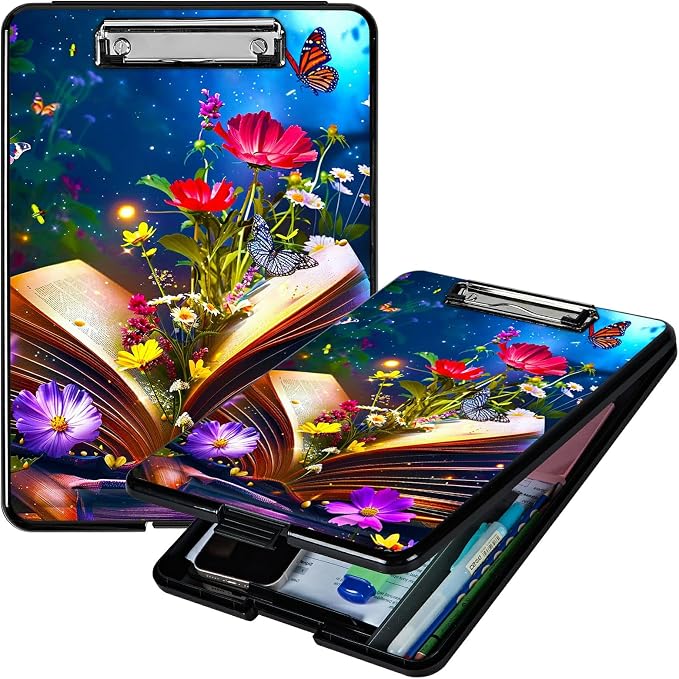 Book Flower A4 Clipboard with Storage Pen Holder, Clipboards Organizer Nursing Clipboard Foldable File Folder Plastic Clipboard Folio Clip Board for Office Students Classroom Doctor