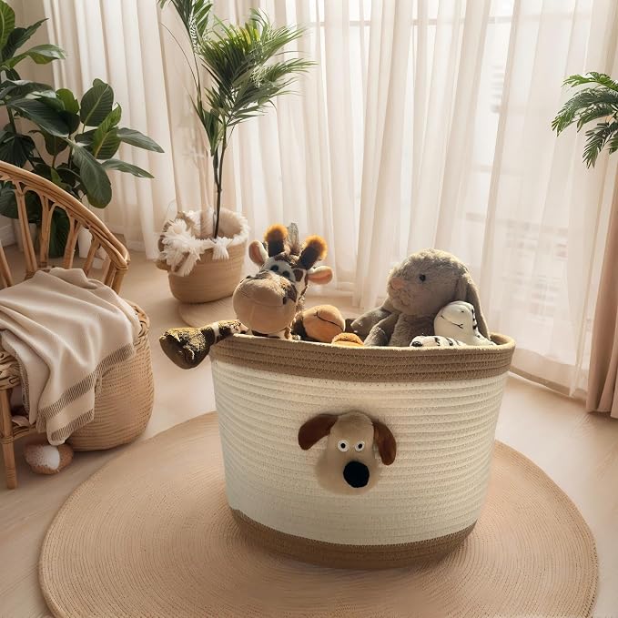 Bellar Kids Cute Animal Toy Basket,Medium Woven Storage Baskets For Children Toys & Baby Hamper Laundry,Cute Dog Decorative Organize For Children's Room 13"x10"