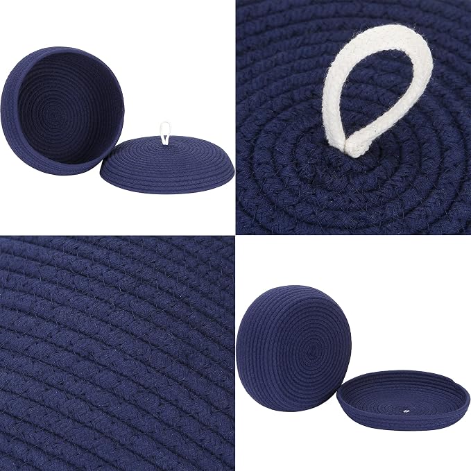 Sea Team Round Woven Cotton Rope Storage Basket with Lid, Navy | Lidded Knitted Decorative Storage Bin, Pot, Caddy, Organizer, Container for Snacks, Towels, Plants, 13 x 5.5 Inches