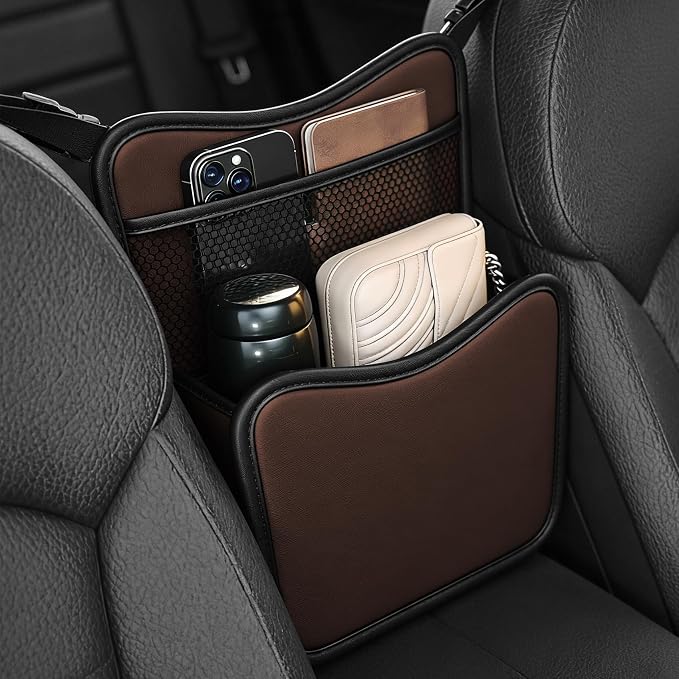 Car Organizer Storage Between Seats, Car Purse Holder, Nappa Leather Front Seat Storage Bag with Tissue Holder, Large Capacity Auto Console Organizer for Document Phone Wallet Snack (Brown)