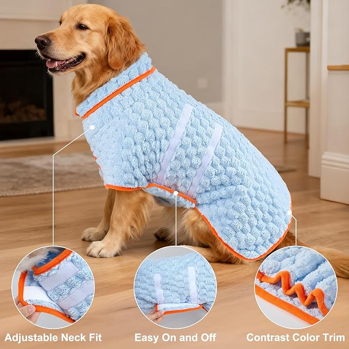 Glittme Dog Bathrobe for Drying Dogs, Super Absorbent Fleece Dog Towel Robe, Adjustable Dry Coat for Large Medium Small Dogs, Warm Pet Drying Vest for After Bath, Swimming, Muddy Walks & Car Travel