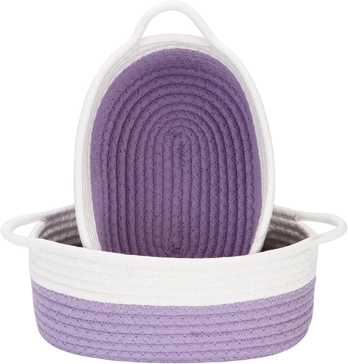 Sea Team 2-Pack Compact Woven Cotton Rope Storage Baskets, Lavender | Knitted Decorative Organizer Bins with Handles, Portable Oval Containers for Small Items, Keys, Makeup, Jewelry, Trinkets